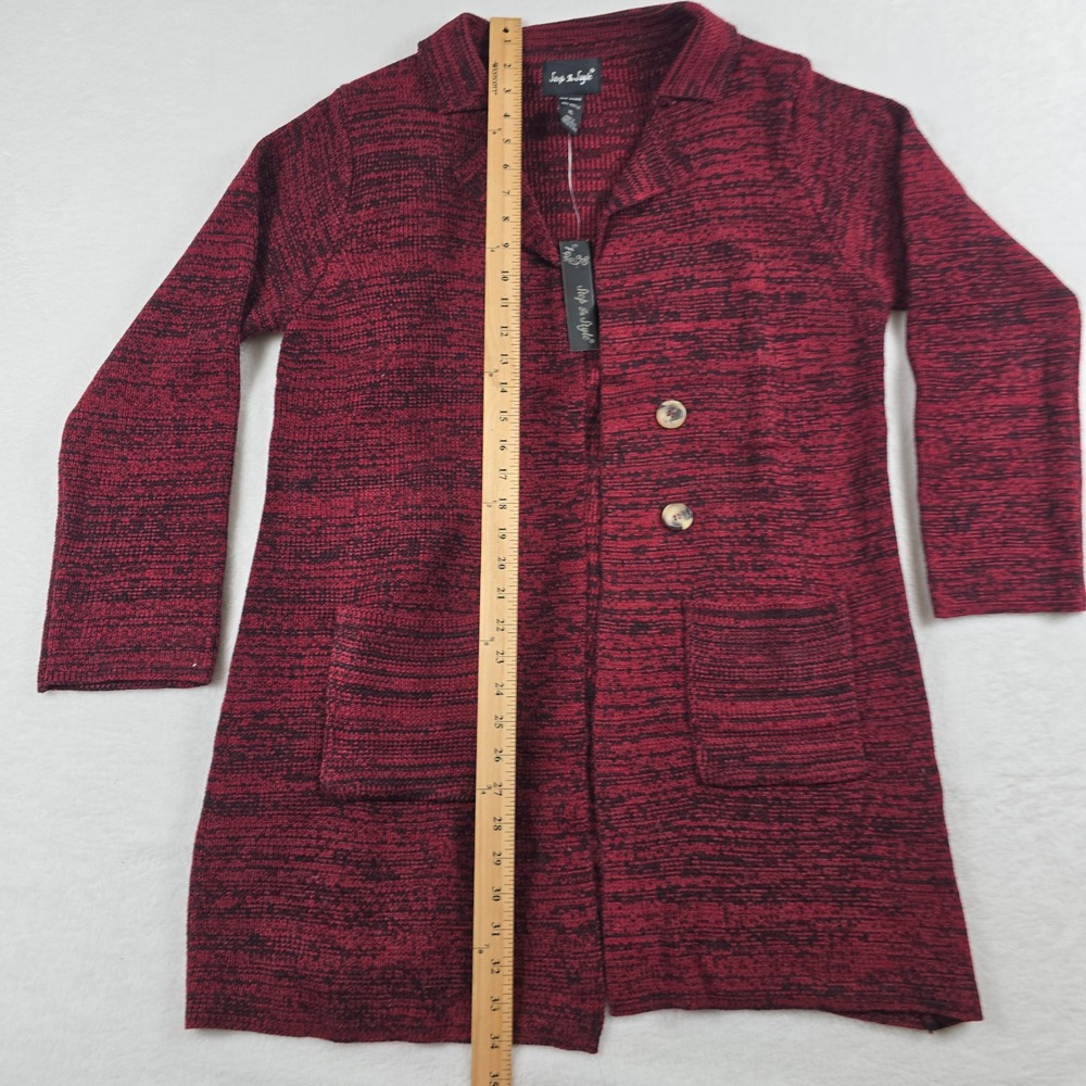 Step In Style Womens XL Red Black Marled Double‎ Breasted Longline Cardigan NEW - Picture 6 of 7